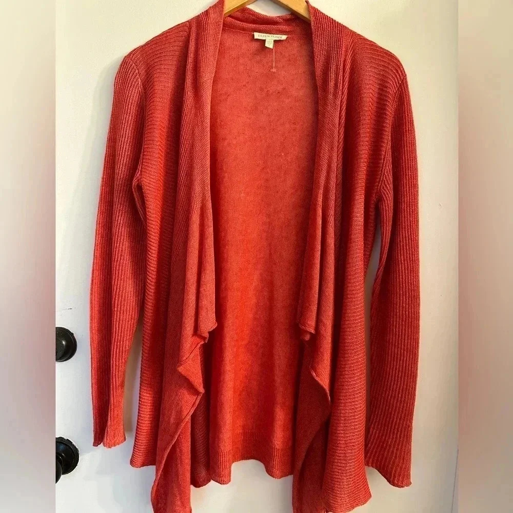 Eileen Fisher red Lightweight Linen Open Long Sleeve Cardigan Size small